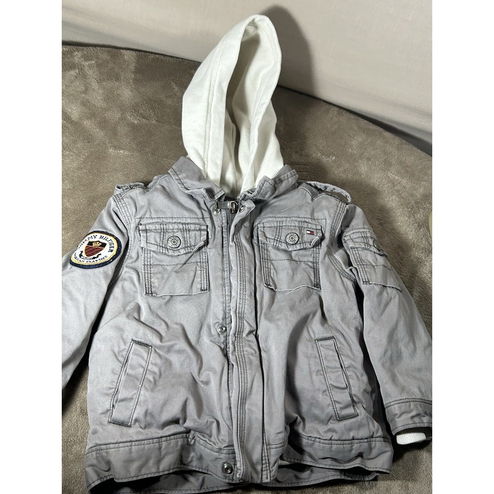Tommy Hilfiger Toddler 2T Gray Hooded Jacket Patch Military Boys